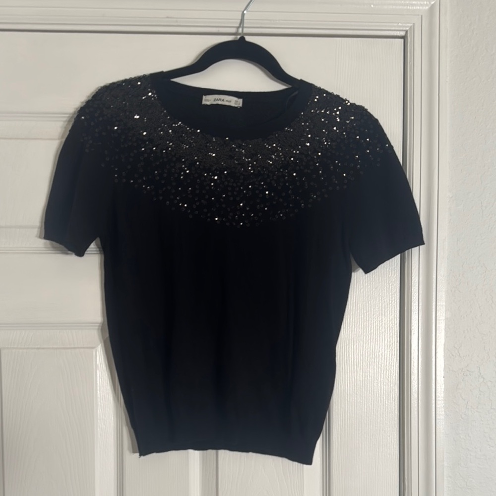Zara Black Sequin Fitted Blouse